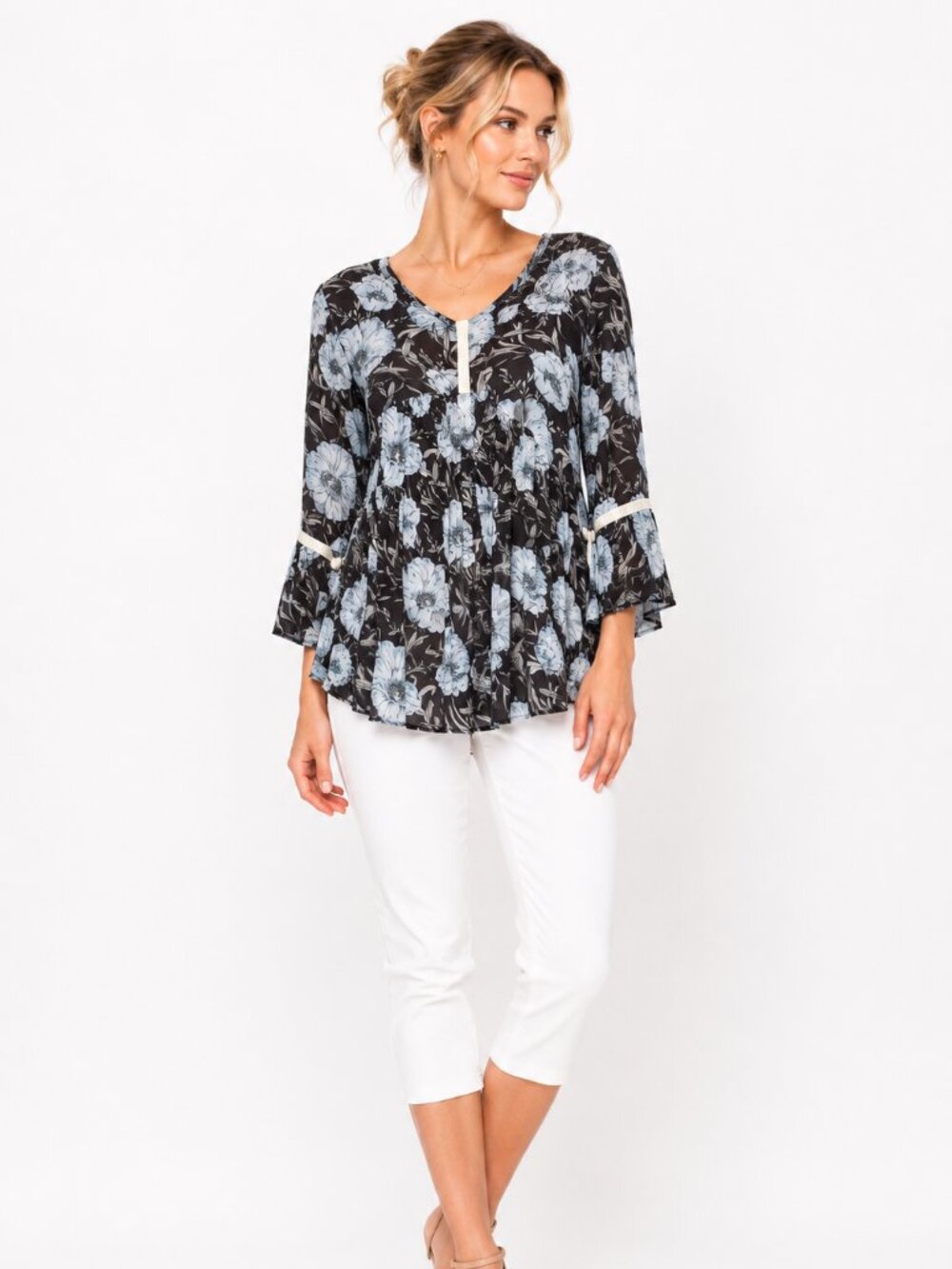 Flamingo Urban Women’s S Floral Boho Top Bell Sleeve V Neck Flowy Cotton US Made